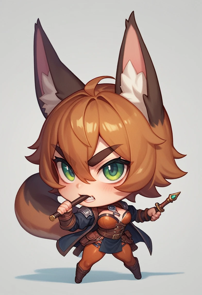 up to, chibi, whole body, Stocky figure, strongly built and full of strength. Her hair is cut short, dark copper color. Her eyes are brown and penetrating, with a sly look in his gaze. Her eyebrows, thick and dark, give her face a determined look