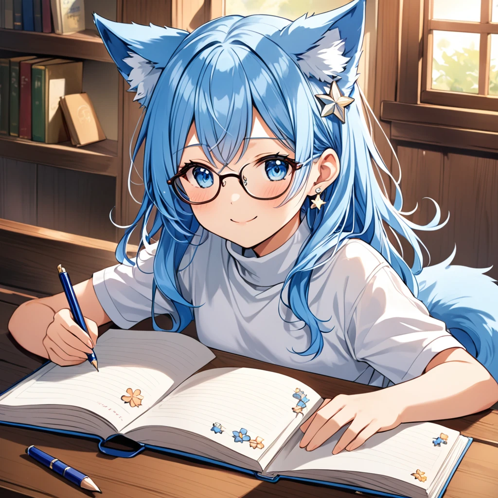 A Japanese demi-human journalist (pre-teen) with sky blue hair, long and a little wavy, falling gracefully from the shoulders.
Big and clear, always glowing with curiosity and enthusiasm.
clear and smooth, with a lightness that highlights its semi-human nature.
wolf's ears, covered in soft blue fur, positioned on top of the head, giving a lovely and distinctive appearance.
A blue wolf tail that wags happily, reflecting your emotions.
 A white micro t-shirt with a turtleneck, equipped and with a beautiful design that matches its age.
  A low-waisted pencil skirt, decorated with small stars or flower designs for a special touch .
 Slender and exposed, but in an appropriate and innocent way, destacando sua figura esbelta.
 Small heart or star shaped earrings, adding a charm .

Often seen cutely holding a pen and diary or with a hand in glasses, as if he was explaining something enthusiastically.
Always with a radiant smile or an expression of curiosity, ready to discover new stories.