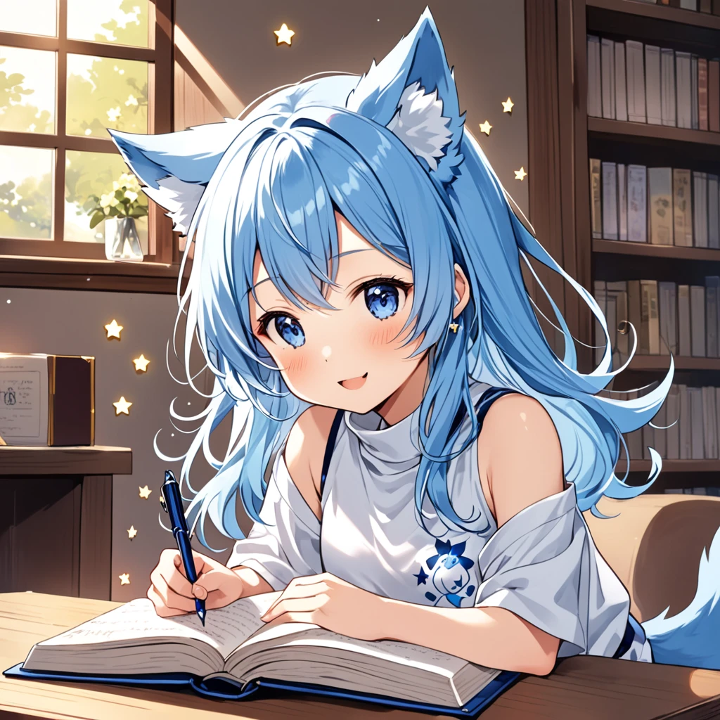 A Japanese demi-human journalist (pre-teen) with sky blue hair, long and a little wavy, falling gracefully from the shoulders.
Big and clear, always glowing with curiosity and enthusiasm.
clear and smooth, with a lightness that highlights its semi-human nature.
wolf's ears, covered in soft blue fur, positioned on top of the head, giving a lovely and distinctive appearance.
A blue wolf tail that wags happily, reflecting your emotions.
A white micro t-shirt with a turtleneck, equipped and with a beautiful design that matches its age.
A low-waisted pencil skirt, decorated with small stars or flower designs for a special touch .
Slender and exposed, but in an appropriate and innocent way, destacando sua figura esbelta.
Small heart or star shaped earrings, adding a charm .
Often seen cutely holding a pen and diary or with a hand in glasses, as if he was explaining something enthusiastically.
Always with a radiant smile or an expression of curiosity, ready to discover new stories.
