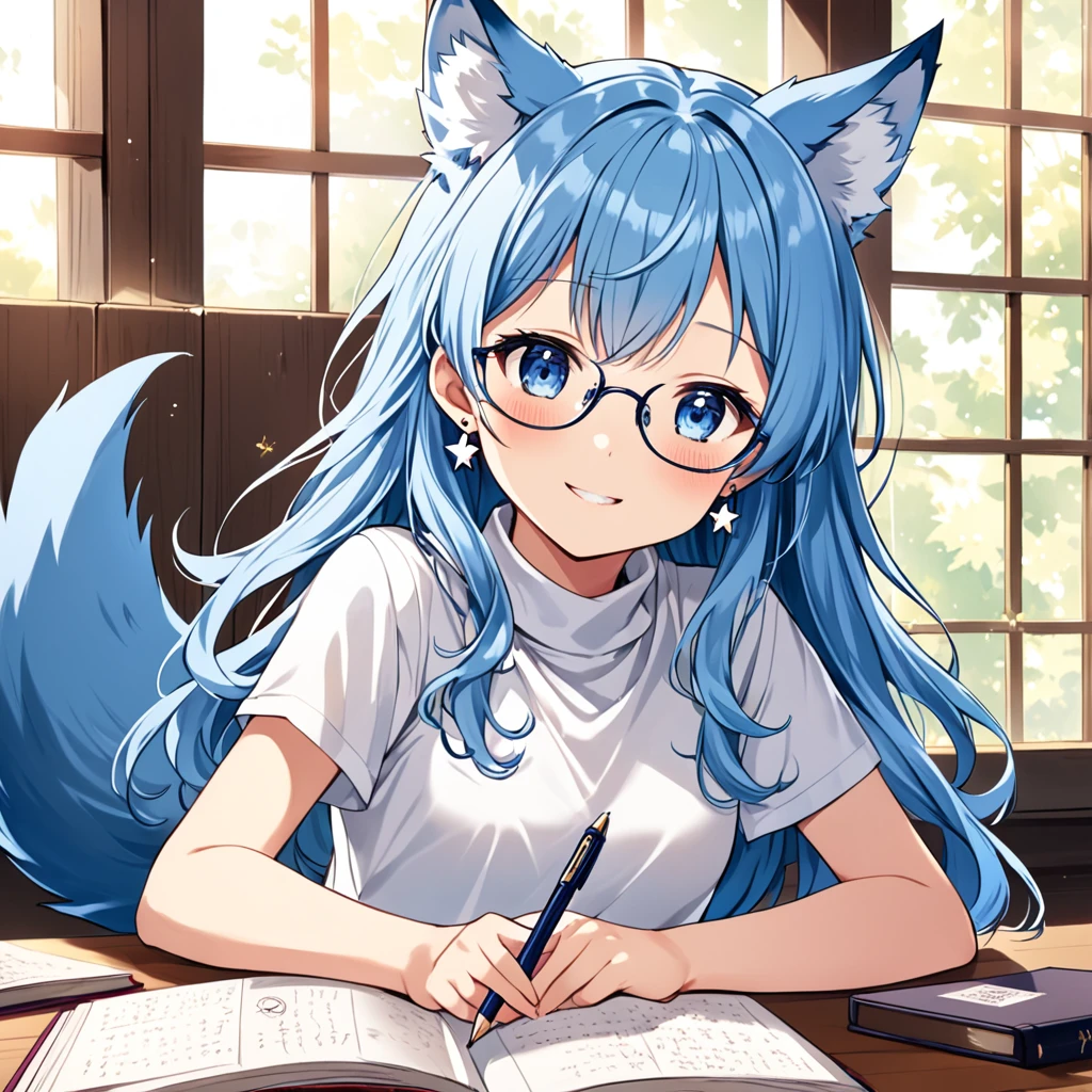 A Japanese demi-human journalist (pre-teen) with sky blue hair, long and a little wavy, falling gracefully from the shoulders.
Big and clear, always glowing with curiosity and enthusiasm.
clear and smooth, with a lightness that highlights its semi-human nature.
wolf's ears, covered in soft blue fur, positioned on top of the head, giving a lovely and distinctive appearance.
A blue wolf tail that wags happily, reflecting your emotions.
A white micro t-shirt with a turtleneck, equipped and with a beautiful design that matches its age.
A low-waisted pencil skirt, decorated with small stars or flower designs for a special touch .
Slender and exposed, but in an appropriate and innocent way, destacando sua figura esbelta.
Small heart or star shaped earrings, adding a charm .
Often seen cutely holding a pen and diary or with a hand in glasses, as if he was explaining something enthusiastically.
Always with a radiant smile or an expression of curiosity, ready to discover new stories.