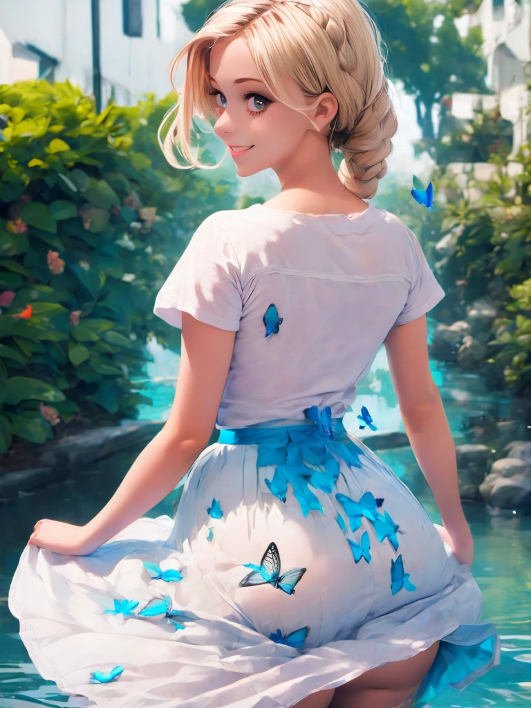 1 girl, transparent water, blue butterfly, pure white gauze skirt, sparkling