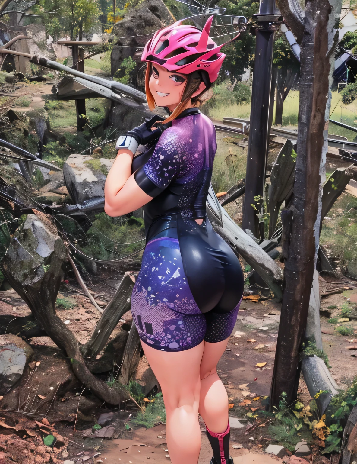 a girl with a large butt,her body marked in her clothe, she smilling in the bike.