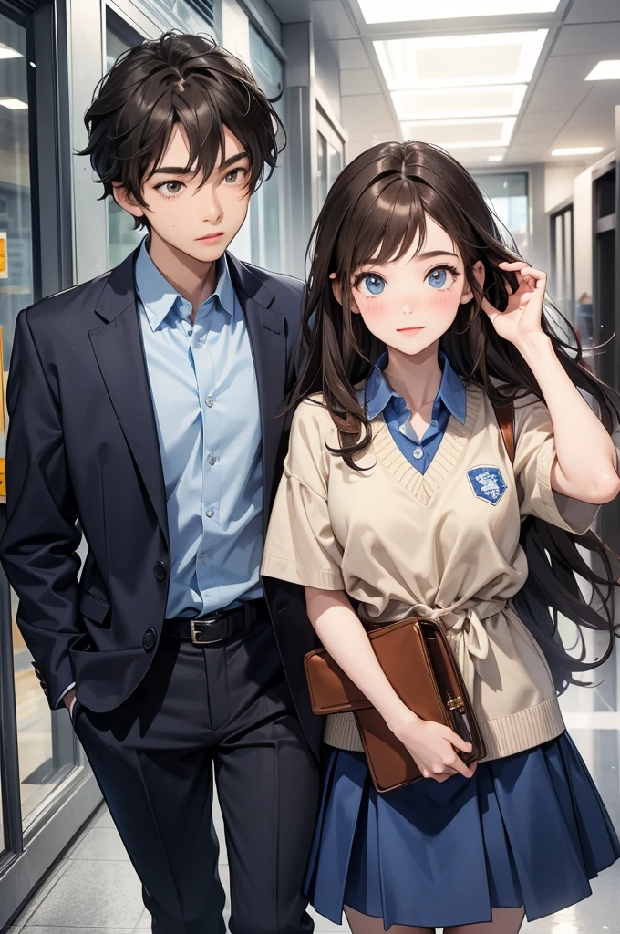 Create an image of a school-themed couple featuring two girls and a boy. The first girl should have dark brown hair, while the second girl should have brown hair. The boy should have dark brown hair. All three should be dressed in school uniforms: blue shirts and blue pants for the boy, and blue skirts for the girls. The setting should be a school environment, capturing a youthful and lively atmosphere. The overall image should reflect a fun and friendly school vibe.