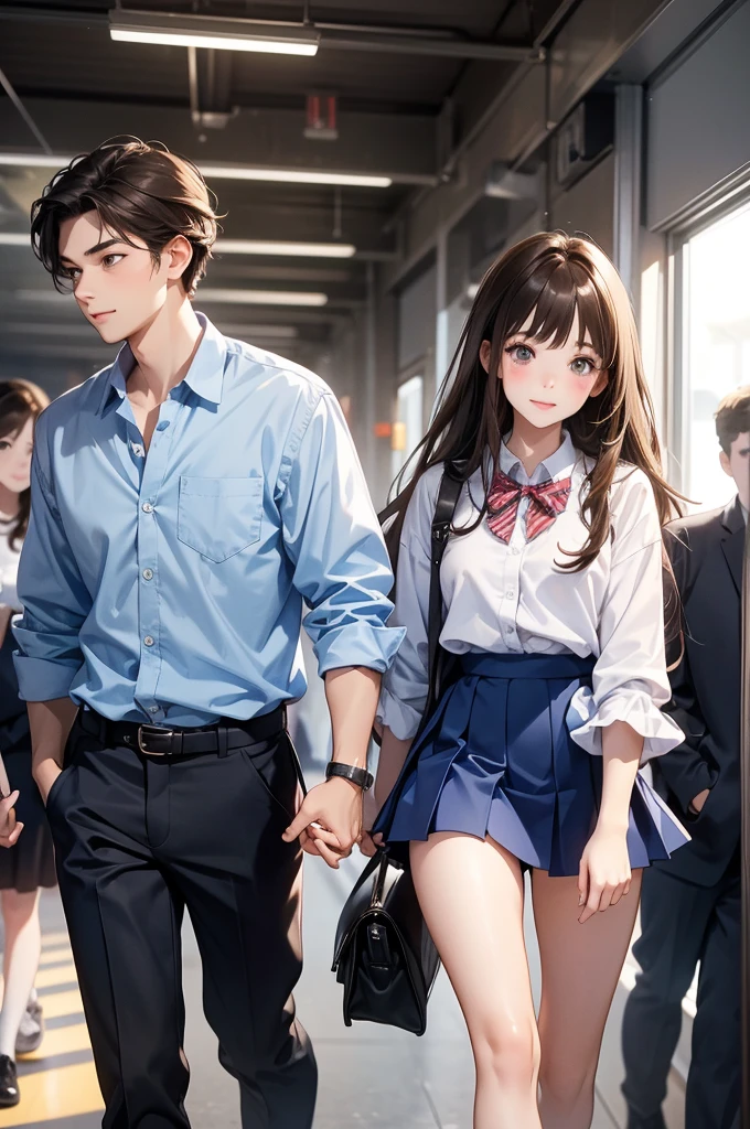 grab , High school girl whose butt was grabbed on the train, pleated skirt, white fullback satin panties, ((ponytail, bangs, brown hair)), ((brown eyes, beautiful eyelashes, realistic eyes)), ((detailed face, blush:1.2))、((smooth texture:0.75, realistic texture:0.65, realistic:1.1, Anime CG style)), perfect body, ((red bow tie, Black open jacket, white shirt, plaid mini skirt)), three men, (molestation), The skirt is flipped up, A man grabs a girl's butt on a train、embarrassed expression、expression of patience