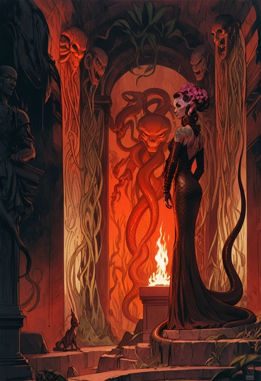 Award winning moment, Medusa on podium, surrounded by statues, ((Medusa, gorgoneion), morphology drawn Frederic Delavier style illustration, snake skin dress, (body, Naga, snakefolk, snake woman hybrid, bald, hairless, snake skin tattoos, piercing eyes, snake pupils, living snakes on head, snake-hair, serpent-hair over the shoulder) )), ((splash page comic cover art, ink style figure, (expressive Joelle Jones and "Sean Gordon Murphy" comic drawing), wordless, no visibility darkness, cinematic poster, full length portrait, candid, (Gerardo Zaffino charcoal), (colors, muted deep fiery radiant glowing ROYGBIV,) subliminal orchids, silhouette, image within image, craftsmanship nuance, ))