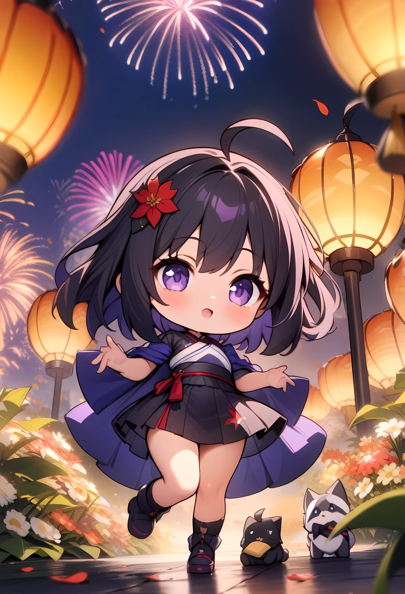 chibi, masterpiece, best quality, very aesthetic, absurdres, 1girl, full_body,maple(bofuri),bofuri, 1girl, medium hair, ahoge, purple eyes, hair ornament, black dress, mini-skirt,surrounding by flowers,falling_petals, outdoors, petals,,gorgeous Fireworks in sky,