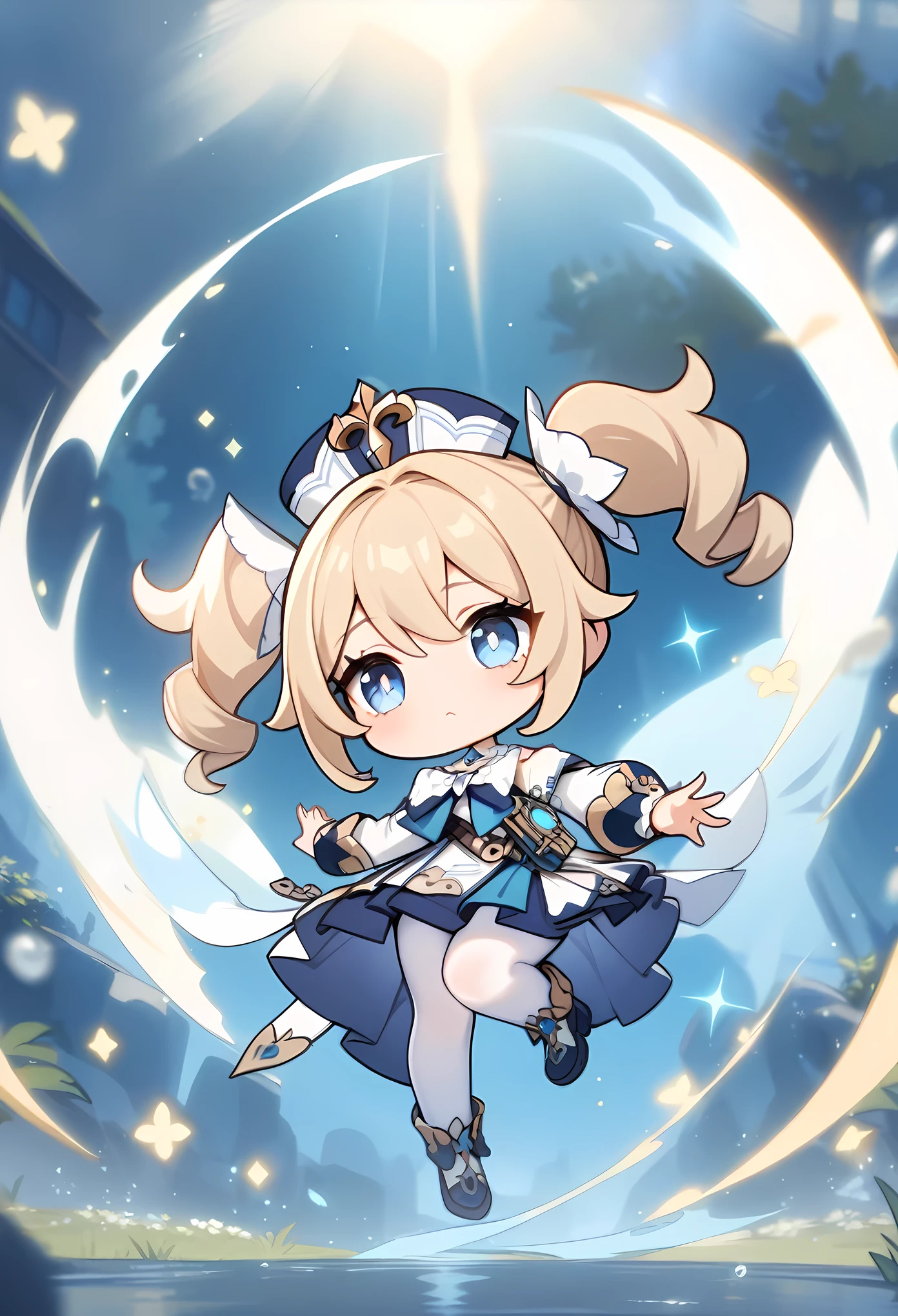 chibi, masterpiece, best quality, very aesthetic, absurdres, 1girl, full_body,barbara_(genshin_impact), genshin_impact, 1girl, blonde_hair, blue_eyes, drill_hair, hair_between_eyes, long_hair, twin_drills, twintails, bare_shoulders, detached_sleeves, dress, long_sleeves, pantyhose, white_dress, white_pantyhose,in school, in college,glowing stardust frontground,fantasy,sparkling,fireflies,