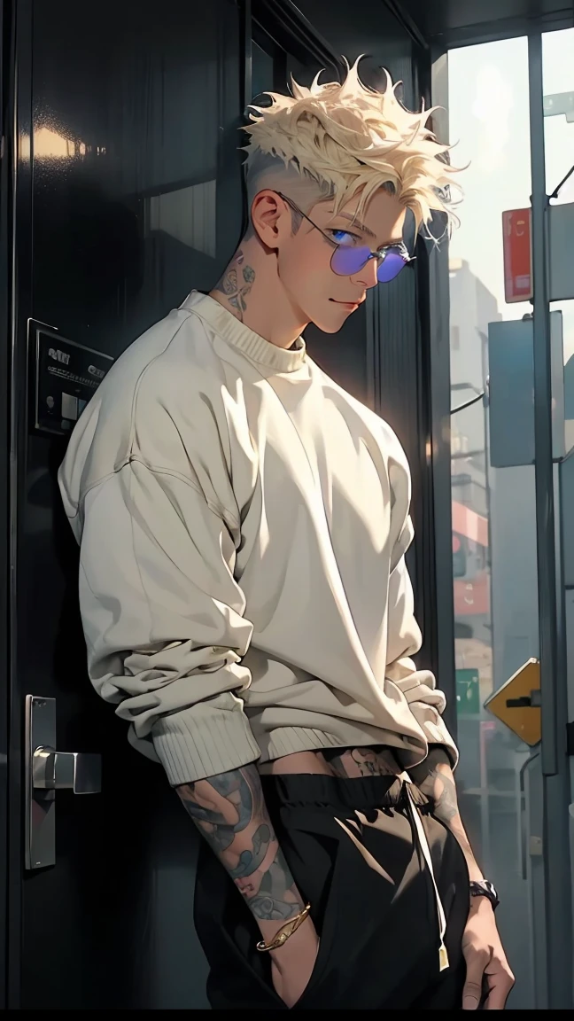 highest quality, 8K, high resolution image, anime style Jujutsu Kaisen, detailed strokes, dark skin, bored look, blurry, purple light reflecting from it, (close angle), 1 man, male, model, cool guy, tattooed arms, multicolored background with different geometric shapes, around stickers, muscular, light blonde hair, blue eyes, short hair, light blonde spiky hair, puffy chest. He is wearing a white he is wearing a sweater with rolled-up sleeves, and black sweatpants, black sweatpants and gold link chain, sunglasses, sweatpants, shaved body, gold link chain, background: Big city, internet coffee, he is waiting for someone, standing at the entrance, big window,