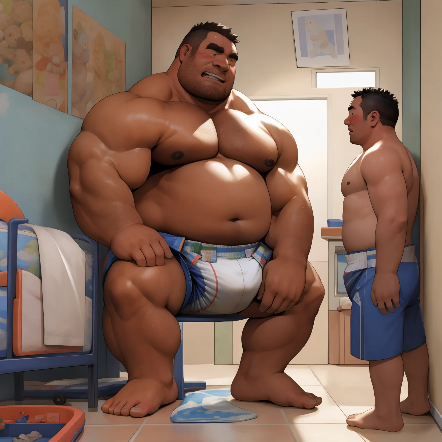 masterpiece, Top quality, in 32K, perfect anatomy, hyper detailed, super fine illustration, The thick man is a brutal prisoner, retarded, hairy, human, 50yo in japan, (fatness: 1.0), Fatty muscle, Bowleg, disappointment, incontinent, be diaper check by children, There is a small puddle under him, Naked, short legs, Bowleg, spread legs, wear a White cloth Diaper, Bare belly, Bare legs, Bare foots, Bare soles, Shirtless, wide forehead and short thinning hair, Man with round face with stubble, Bare foots, Bare soles, shy, sissy, Weaker than children, Drool, Round face, He enters nursery school and is despised by children, He is made to stand attention in the corner of the playroom, corner time, He surrounded by children, Bare foots, big butt, White Diaper, sobbing, There is a small puddle under him