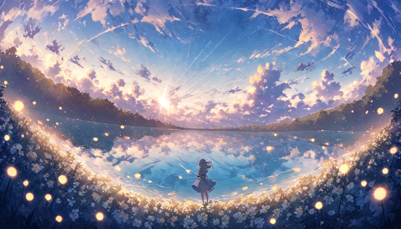 blue sky, White clouds floating in the distance, Standing on a sea of flowers, holding a fairy wand、There are fireflies flying around. The background is filled with cloud flowers of all sizes., Creates a dreamy, dreamy atmosphere with blue tones. High-definition anime style, High resolution. Panoramic view from above, Capturing the vastness of nature. Soft lighting creates a warm atmosphere.