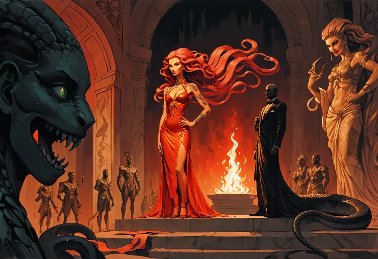 Award winning moment, Medusa on podium, surrounded by statues, ((Medusa, gorgoneion), morphology drawn Frederic Delavier style illustration, snake skin dress, (body, Naga, snakefolk, snake woman hybrid, bald, hairless, snake skin tattoos, piercing eyes, snake pupils, living snakes on head, snake-hair, serpent-hair over the shoulder) )), ((splash page comic cover art, ink style figure, (expressive Joelle Jones and "Sean Gordon Murphy" comic drawing), wordless, no visibility darkness, cinematic poster, full length portrait, candid, (Gerardo Zaffino charcoal), (colors, muted deep fiery radiant glowing ROYGBIV,) subliminal orchids, silhouette, image within image, craftsmanship nuance, ))