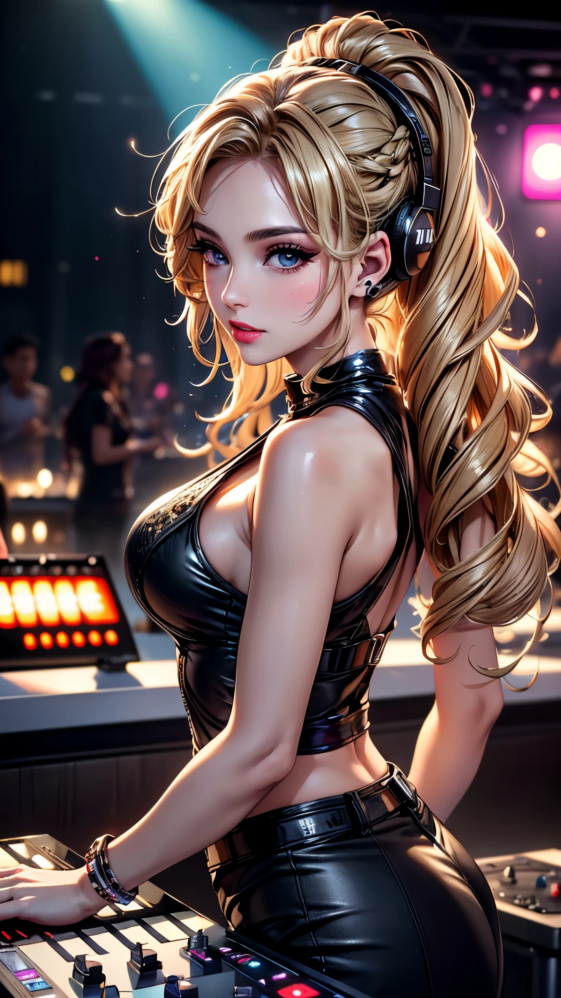 (best quality, 8K, masterpiece:1.3), pretty Woman, 1 DJ girl, beautiful face, (DJ girl at nightclub, Super popular DJ player, Enjoy operating DJ equipment:1.2), (Sexy), blonde hair, curly braided ponytail, (Stylish clothing), Wear headphones, Displaying the viewer, Focus on the venue, Ultra-detailed face, Detailed lips, super detailed eyes, double eyelids, long upper eyelashes, Soft skin, HD skin, portrait, 8k photo, depth of field, Super detailed, best quality detail, retina, Ultra-high resolution, masterpiece, ccurate 