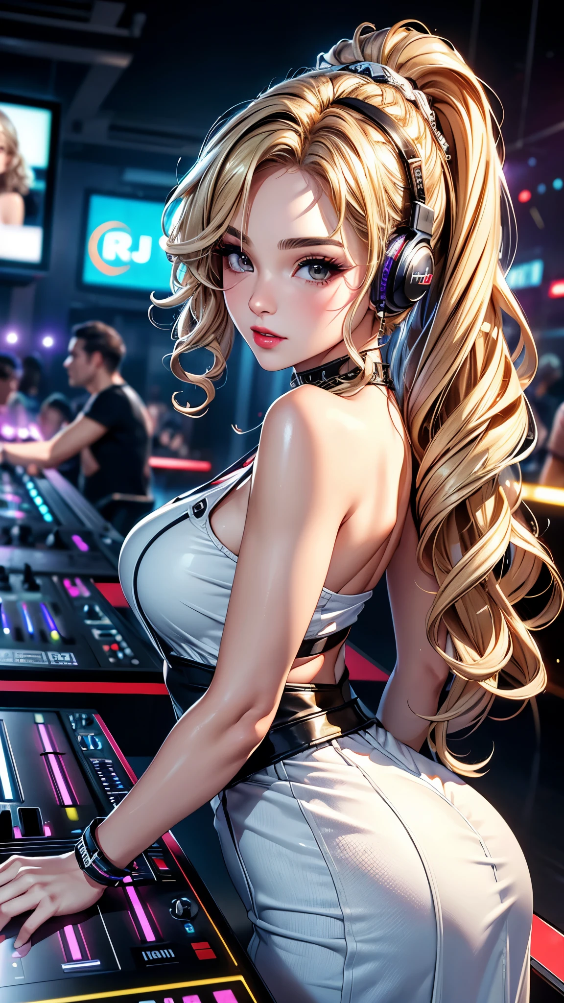 (best quality, 8K, masterpiece:1.3), pretty Woman, 1 DJ girl, beautiful face, (DJ girl at nightclub, Super popular DJ player, Enjoy operating DJ equipment:1.2), (Sexy), blonde hair, curly braided ponytail, (Stylish clothing), Wear headphones, Displaying the viewer, Focus on the venue, Ultra-detailed face, Detailed lips, super detailed eyes, double eyelids, long upper eyelashes, Soft skin, HD skin, portrait, 8k photo, depth of field, Super detailed, best quality detail, retina, Ultra-high resolution, masterpiece, ccurate 