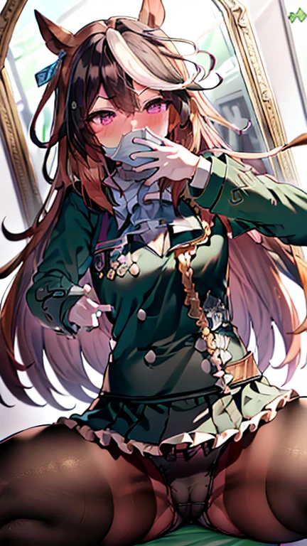 (((symbolirudol))))fmasterpiece, best quality, high quality, ultra detailed, extremely detailed, ultra-high res, best aesthetic, 8k), (beautiful detailed 5fingers: 1.2), (ultra-detailed face), nsfw, 1girl, (squatting on floor: 1.3), spread legs, skirts lift, ((captures a mirror selfie: 1.4)), ((black mouth mask: 1.2)), pink shirt, cosplay, jirai kei, bangs, black skirt, black bow, bowtie, long sleeves, choker, ribbon, (pink frilled Low-rise panties: 1.2), Break, ((20 years old)), (small chest), (pale skin: 1.2), (black hair: 1.2), twin tail, parted lips, (nose blush), pink lips, ((drunk)), ((wet skin)), (ecstasy: 1.3), (fitting room