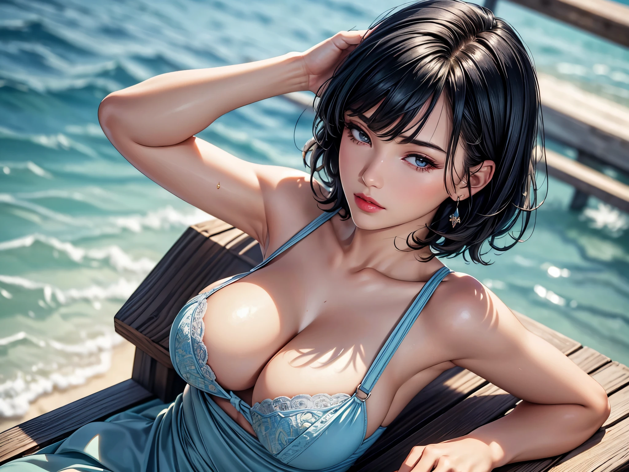 (best quality, 8K, masterpiece:1.3), pretty Woman, 1 girl, beautiful face, (Sexy), Dark blue hair, blunt bangs short hair, Ultra-detailed face, Detailed lips, super detailed eyes, double eyelids, long upper eyelashes, Soft skin, HD skin, Mediterranean, Vacation Homes, pier, seaside, Water Street, 8k, Super detailed, best quality detail, retina, Ultra-high resolution, masterpiece, ccurate