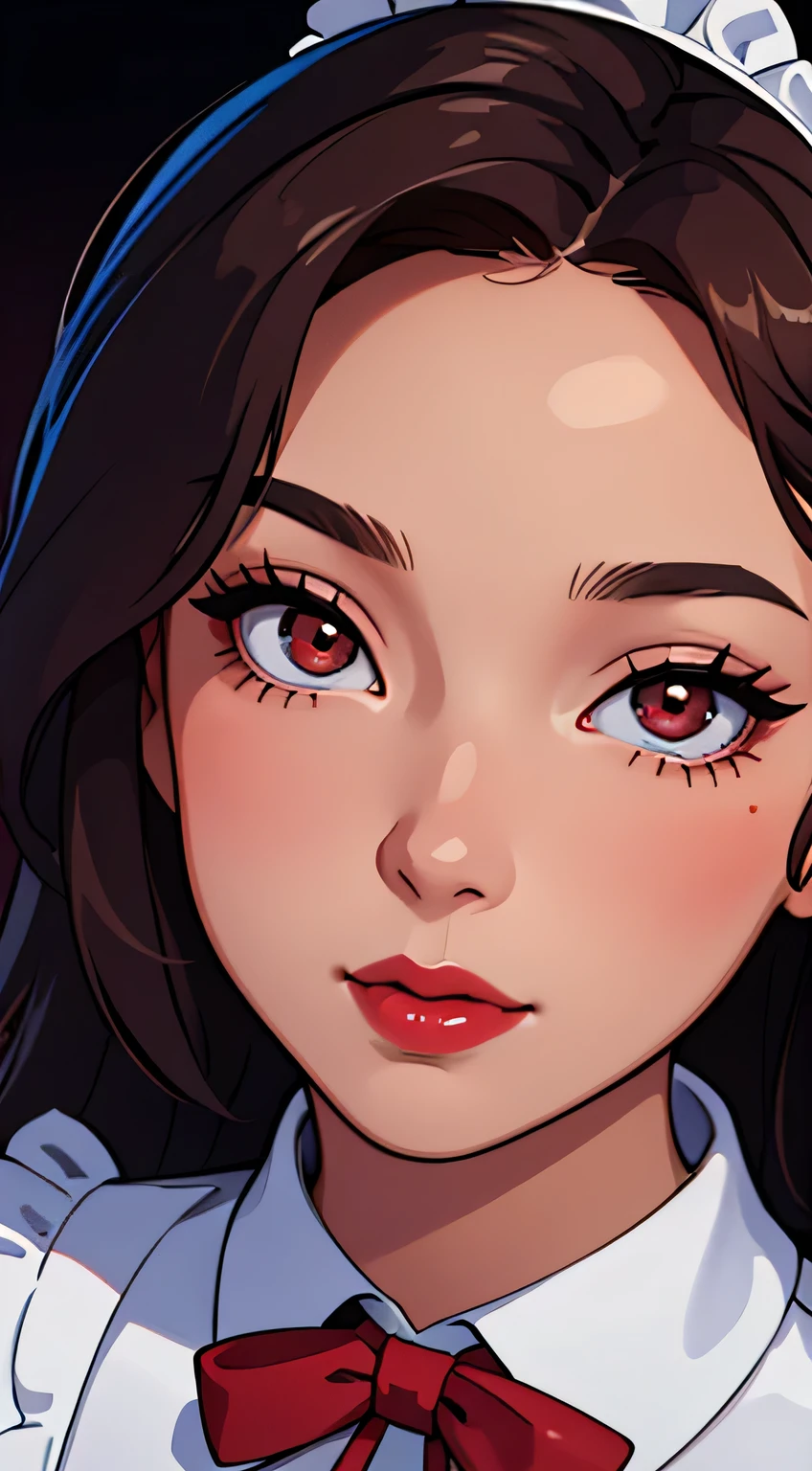 Amazing portrait of a woman who is 30 years old and an adult and a sexy maid during night time with soft lighting showcasing her red lips and her beautiful face in detail and close up
