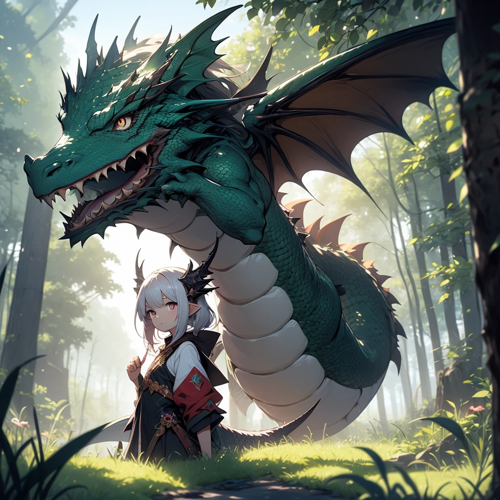 An 8  dragon girl in a mystical forest with floating islands, the dragon girl has wings, horn and tail. 