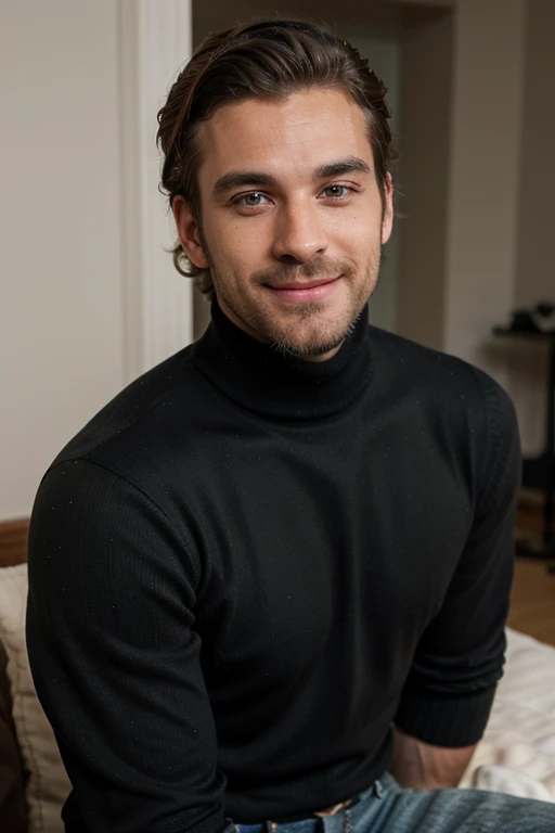 Tall 1.85 metres, English Male, 38 years old, muscular, thin, unshaved stubble beard, olive skin, tanned, handsome green eyes, deep sight, middle curly hair a little below his ears, classy dressed casual badass, in black clothes smiling, he wears, black jeans, turtleneck sweater