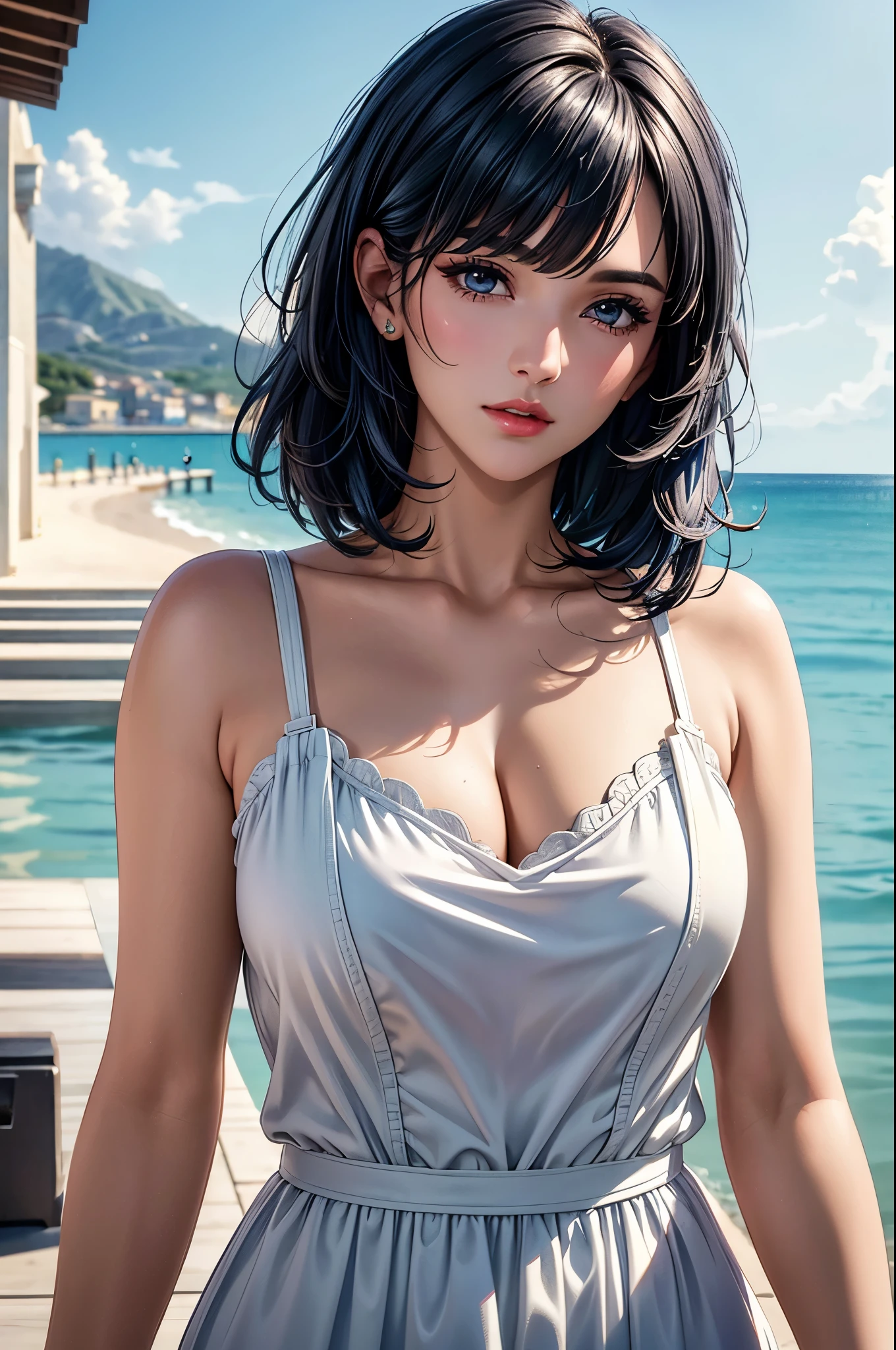 (best quality, 8K, masterpiece:1.3), pretty Woman, 1 girl, beautiful face, (Sexy), Dark-blue hair, blunt bangs short hair, white casual dress, Ultra-detailed face, Detailed lips, super detailed eyes, double eyelids, long upper eyelashes, Soft skin, HD skin, Mediterranean, Vacation Homes, pier, seaside, Water Street, 8k, Super detailed, best quality detail, retina, Ultra-high resolution, masterpiece, ccurate