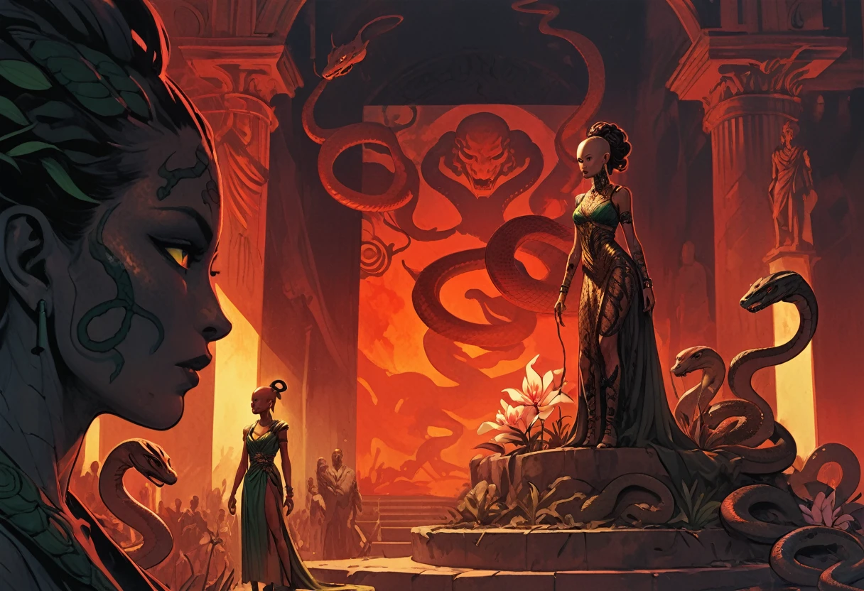 Award winning moment, Medusa on podium, surrounded by statues, ((Medusa, gorgoneion), morphology drawn Frederic Delavier style illustration, snake skin dress, (body, Naga, snakefolk, snake woman hybrid, bald, hairless, snake skin tattoos, piercing eyes, snake pupils, living snakes on head, snake-hair, serpent-hair over the shoulder) )), ((splash page comic cover art, ink style figure, (expressive Joelle Jones and "Sean Gordon Murphy" comic drawing), wordless, no visibility darkness, cinematic poster, full length portrait, candid, (Gerardo Zaffino charcoal), (colors, muted deep fiery radiant glowing ROYGBIV,) subliminal orchids, silhouette, image within image, craftsmanship nuance, ))