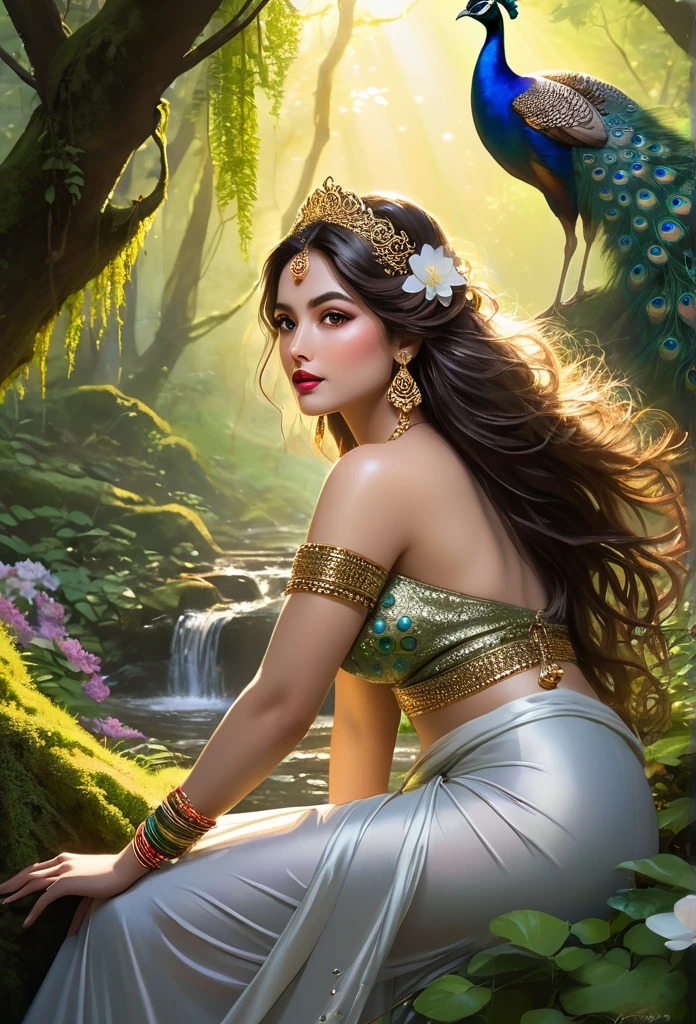 Sure, here is the updated prompt with the woman described as a mistress:

---

**Mystical Forest Scene During Twilight:**

A beautiful mistress sits gracefully on a moss-covered stone. She is adorned in a flowing saffron saree that cascades elegantly around her and has long, dark, wavy hair decorated with delicate white flowers. She wears intricate jewelry: a shimmering necklace, ornate earrings, and golden bangles that catch the faint light. Her expression is serene and kind, and her gaze is gentle and inviting. She has perfect pink eyes, a fantastic face, bright eyes, and red lips, with straight, round, and ultra-huge cleavage, very big breasts that are not sagging. 

In her lap rests a delicate fawn, looking up at her with trustful eyes. To her side, a majestic peacock stands with its iridescent feathers fanned out. The forest is lush and verdant with ancient, towering trees whose branches form a natural canopy overhead. The ground is covered in vibrant flowers and moss, adding to the dreamlike quality. Soft, ethereal lights float around, contributing to the magical atmosphere. The air is filled with the gentle sounds of nature: rustling leaves, distant bird calls, and the quiet murmur of a nearby stream. The setting sun filters through the canopy, casting a golden glow on the scene and creating an aura of warmth and peace. Other woodland creatures can be faintly seen in the background, drawn to the woman's peaceful presence. The background should have blurred gray tones to enhance focus on the woman.

The entire scene should have a night ambiance with a full-body view of the woman, emphasizing her sexy open thin belly. Painted in 8k resolution using dry brush techniques and brush strokes, inspired by Razumov and Garmash styles, and by Tokaito. Her face should be illuminated and detailed, ultra-focused.
