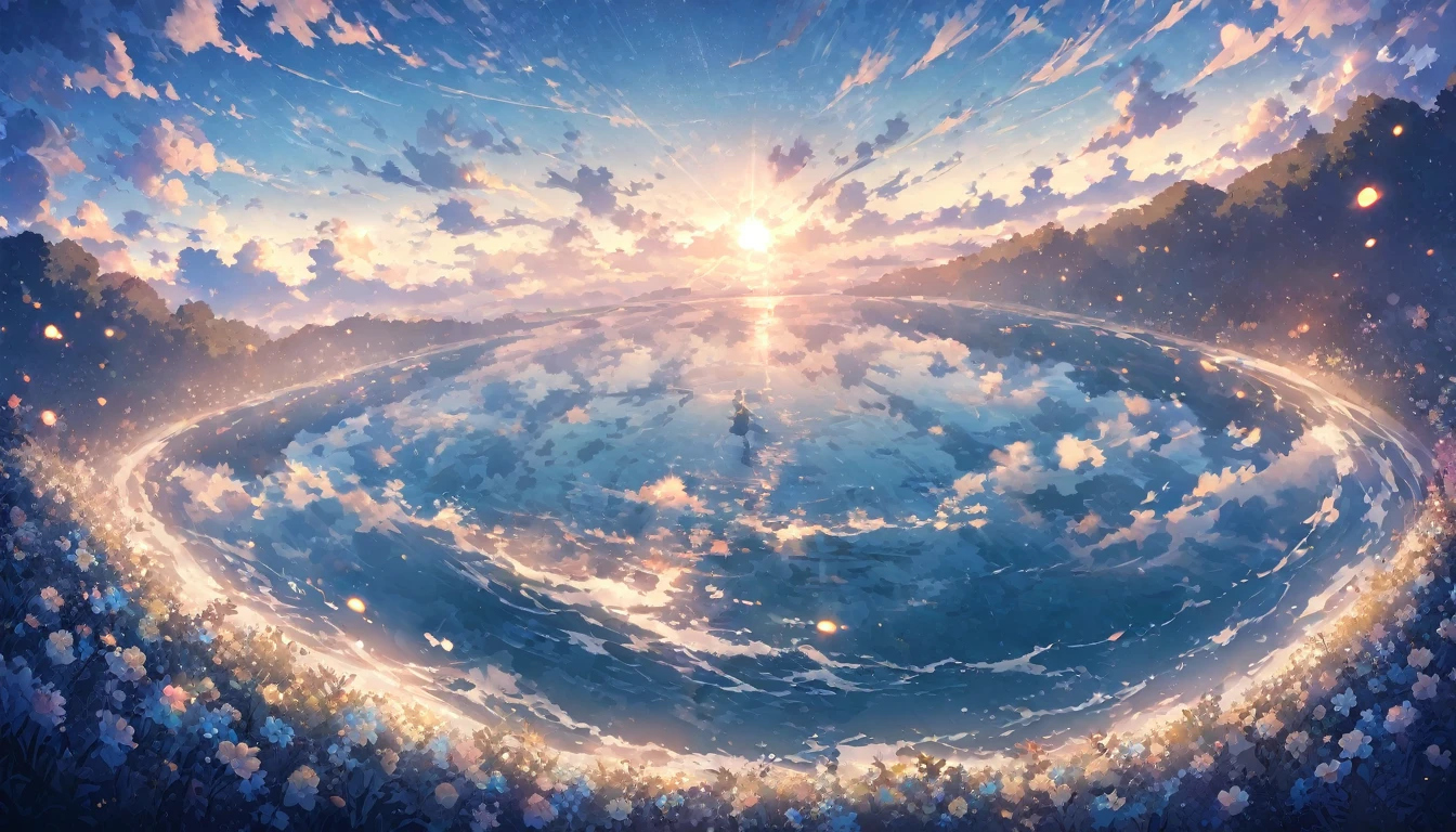 blue sky, White clouds floating in the distance, Standing on a sea of flowers, holding a fairy wand、There are fireflies flying around. The background is filled with cloud flowers of all sizes., Creates a dreamy, dreamy atmosphere with blue tones. High-definition anime style, High resolution. Panoramic view from above, Capturing the vastness of nature. Soft lighting creates a warm atmosphere.