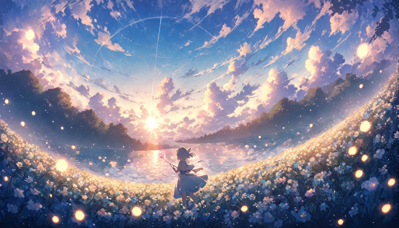 blue sky, White clouds floating in the distance, Standing on a sea of flowers, holding a fairy wand、There are fireflies flying around. The background is filled with cloud flowers of all sizes., Creates a dreamy, dreamy atmosphere with blue tones. High-definition anime style, High resolution. Panoramic view from above, Capturing the vastness of nature. Soft lighting creates a warm atmosphere.