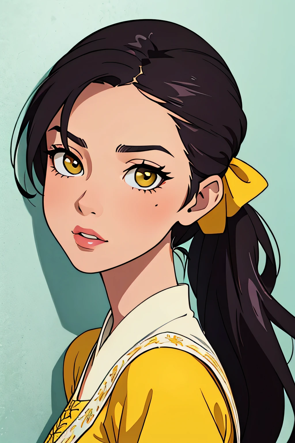 Amazing portrait of a sexy woman with her hair tied back in a low ponytail as she gazes at us seductively with her perfect lips parted for a kiss as she's pinned against the wall wearing a yellow kurta with floral embroidery