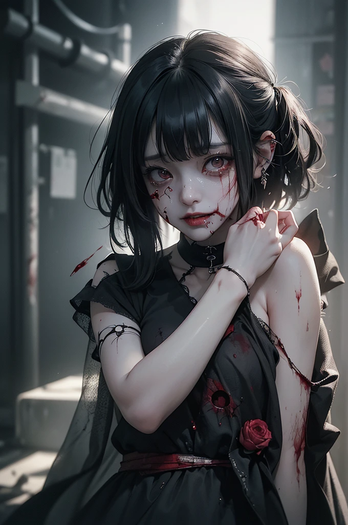 Highest quality, masterpiece, look up, cute,(Horror),(((Beautiful zombie girl))),Dead,Trying to bite,(((Bleeding,Injured))),(((Shedding tears of blood))),((口からBleeding)),((Covered in blood)),((Bitten all over the body)),((Sexy)),(sexy),((Small breasts)),,(Middle scair,((Masturbation)),(((Blowjob))),(((Sex,sexual behavior))),Beautiful Style,(Lower body exposed),((Pale skin)),Sensual look,Embarrassed,Sexy表情,Expressions of delight,smile,(Dark atmosphere),(Dark atmosphere,fear),((Dim lighting))