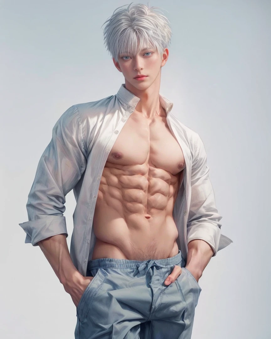 1boy, adult, handsome, perfect face, detailed eyes and face, clean shaved, sixpack realistic, white eyebrow hair, white eyelashes, dynamic lighting, unreal engine 5, hd picture, satoru gojo, white hair, short hair ,hair between eyes ,blue eyes, white skin