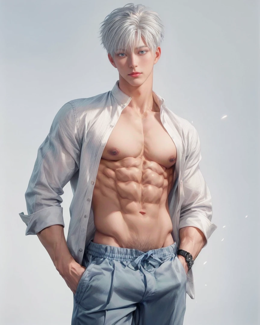 1boy, adult, handsome, perfect face, detailed eyes and face, clean shaved, sixpack realistic, white eyebrow hair, white eyelashes, dynamic lighting, unreal engine 5, hd picture, satoru gojo, white hair, short hair ,hair between eyes ,blue eyes, white skin