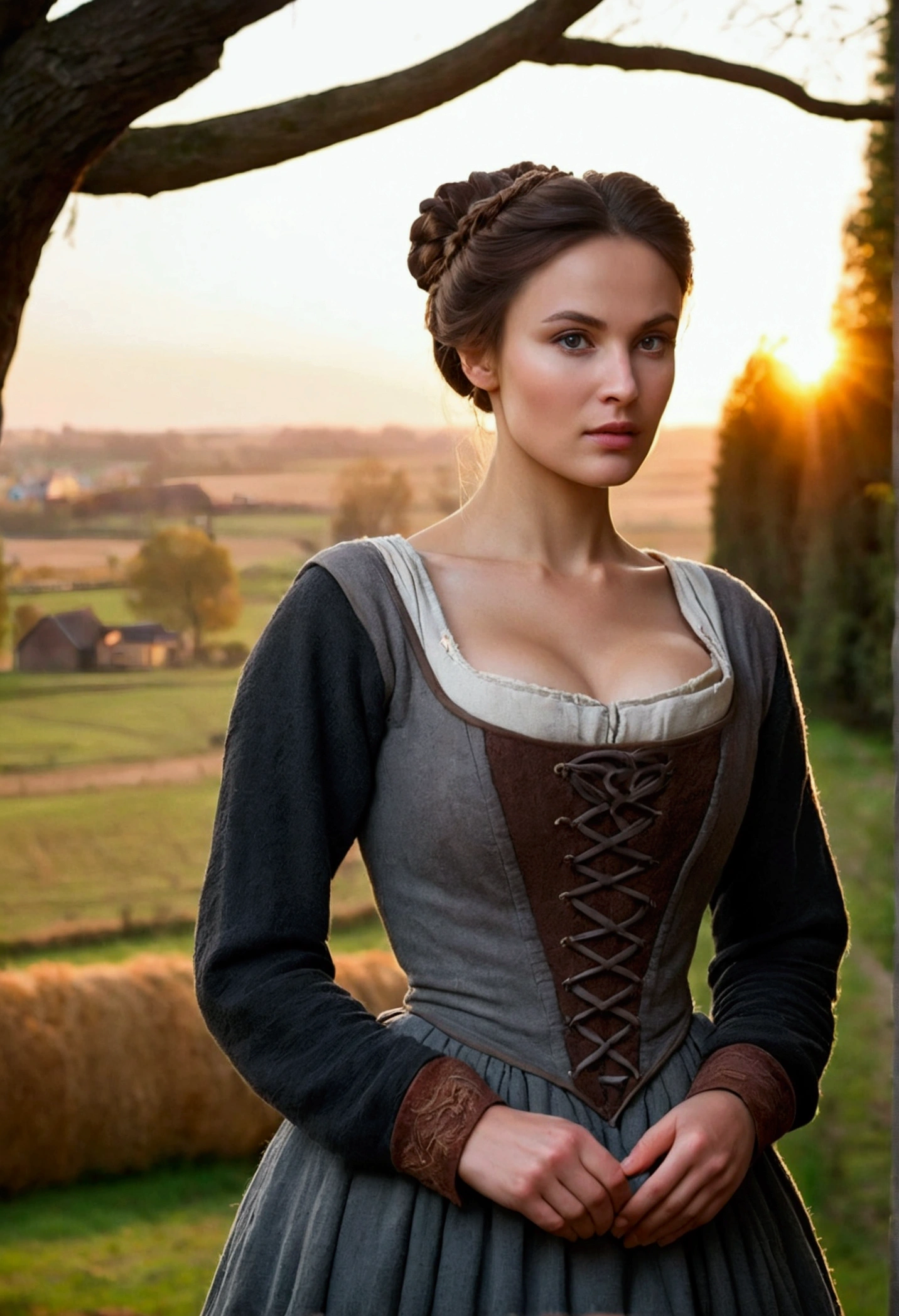 Gorgeous and sultry busty athletic (thin) brunette peasant with sharp facial features wearing a modest updo, messy bun, medieval hair cover, coarse wool dress, rough-spun grey and brown medieval dress, long sleeves, wide neck, long dress, tight bodice, corset, Middle Ages, cottage, farm, exterior, trees, countryside, evening, sunset. Uzbek girl