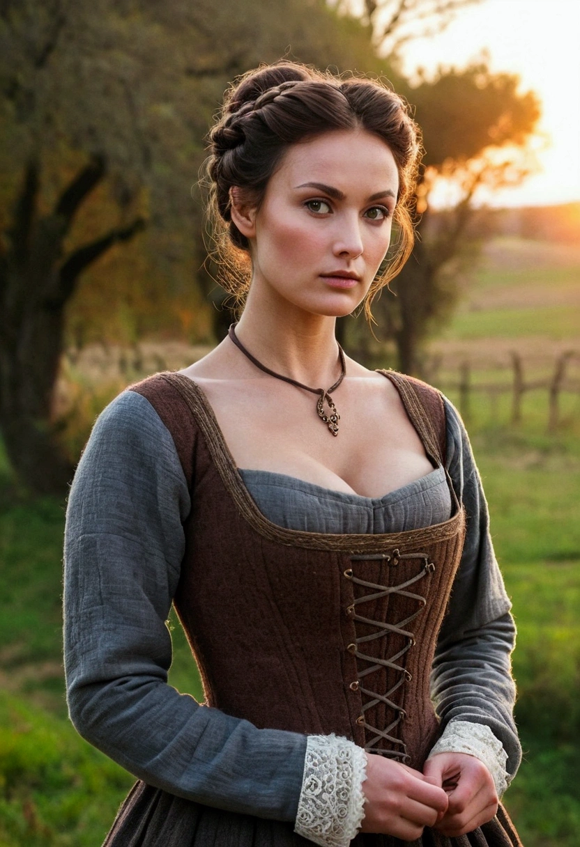 portrait style photography, solo, looking at viewer, (medieval fantasy:1.25), lady in medieval era dress, soft colors, bokeh, masterpiece, high quality, (high detailed skin:1.1)
 <lora:esmé_bianco_lora_v01:1> esme82