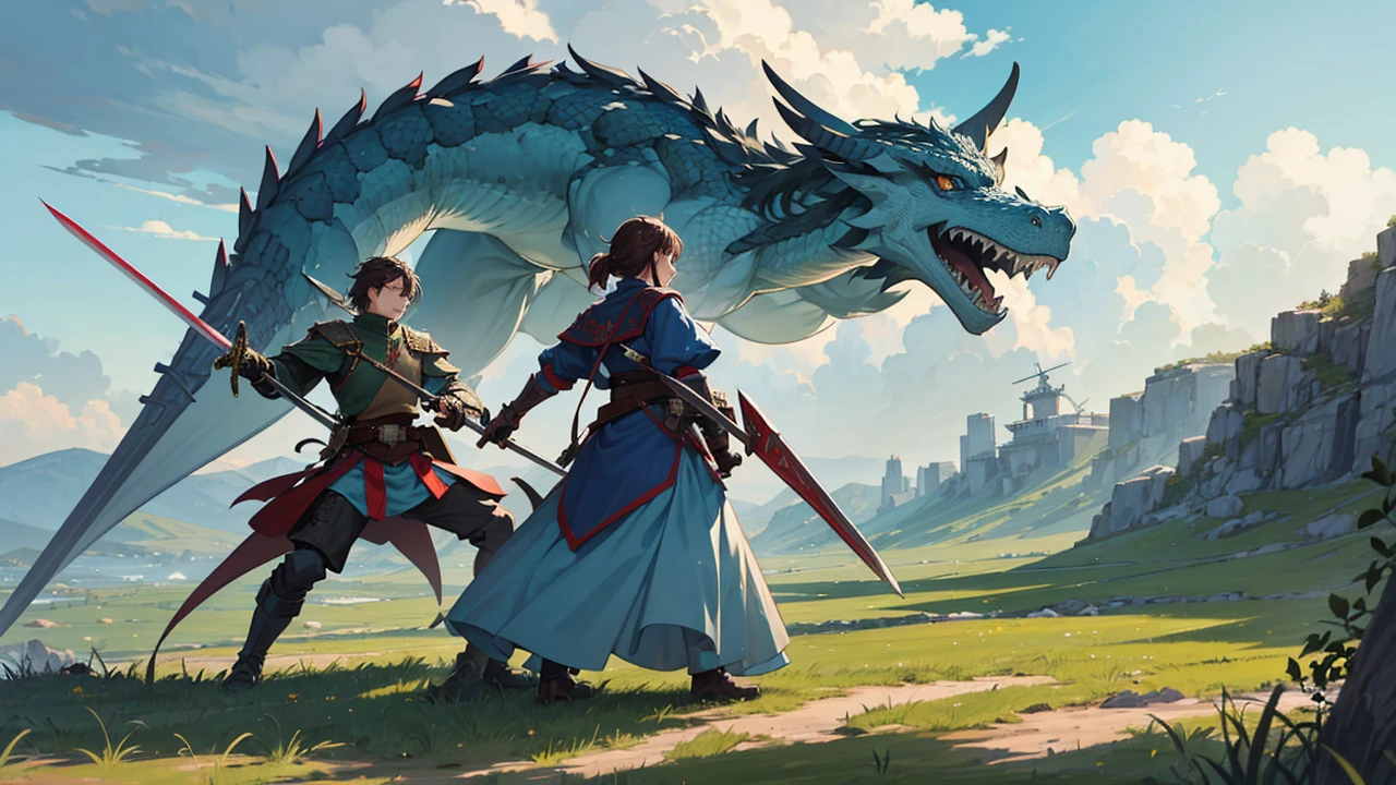Here we have two armies at war battling men exchanging sword with sword a dragon attacking the blue army and the red army attacks frantically they are in a place of green grass the sky is cloudy