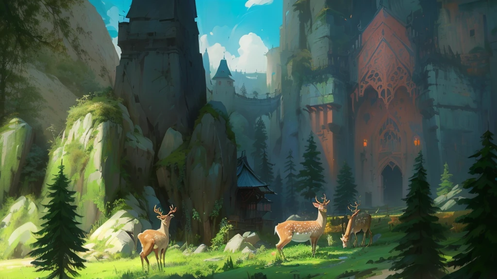 Many deer stand in the field near the castle, 以游戏Concept Art形式进行绘制, 风景游戏Concept Art, 风格化的Concept Art, environment设计插图, 游戏Concept Art, Concept Art, 放松的Concept Art, Fantasy painting，Lovely, environmentConcept Art, Background artwork, environment, Digital 2D fantasy art, 美丽的Concept Art