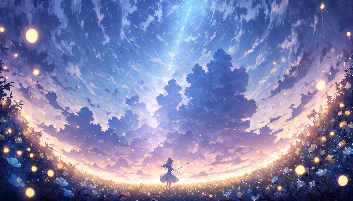 blue sky, White clouds floating in the distance, Standing on a sea of flowers, holding a fairy wand、There are fireflies flying around. The background is filled with cloud flowers of all sizes., Creates a dreamy, dreamy atmosphere with blue tones. High-definition anime style, High resolution. , Capturing the vastness of nature. Soft lighting creates a warm atmosphere.