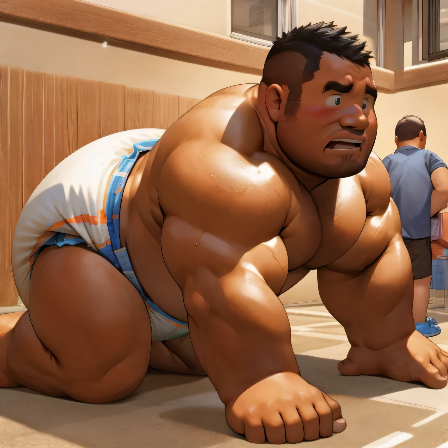 masterpiece, Top quality, in 32K, perfect anatomy, hyper detailed, super fine illustration, The thick man is a brutal prisoner, retarded, hairy human, 50yo in Japan, (fatness: 1.0), Fatty muscle, Bowleg, disappointment, incontinent, be diaper check by children, waddle, There is a small puddle under him, incontinent, Naked, short legs, Bowleg, spread legs, wear a White cloth Diaper, Bare belly, Bare legs, Bare foots, Bare soles, Shirtless, wide forehead and short thinning hair, Man with round face with stubble, Bare foots, Bare soles, shy, sissy, Weaker than children, Drool, Round face, steams, Solo, He enters nursery school and is despised by children, He surrounded by children, His bottom is wet, Bare foots, big butt, he is scolded by the children, White Diaper, He surrounded by children, sobbing, wear a White cloth Diaper, shirtless, There is a small puddle under him, He enters nursery school and is despised by children, big butt, sobbing, He crawling to go to children, on all fours, side view