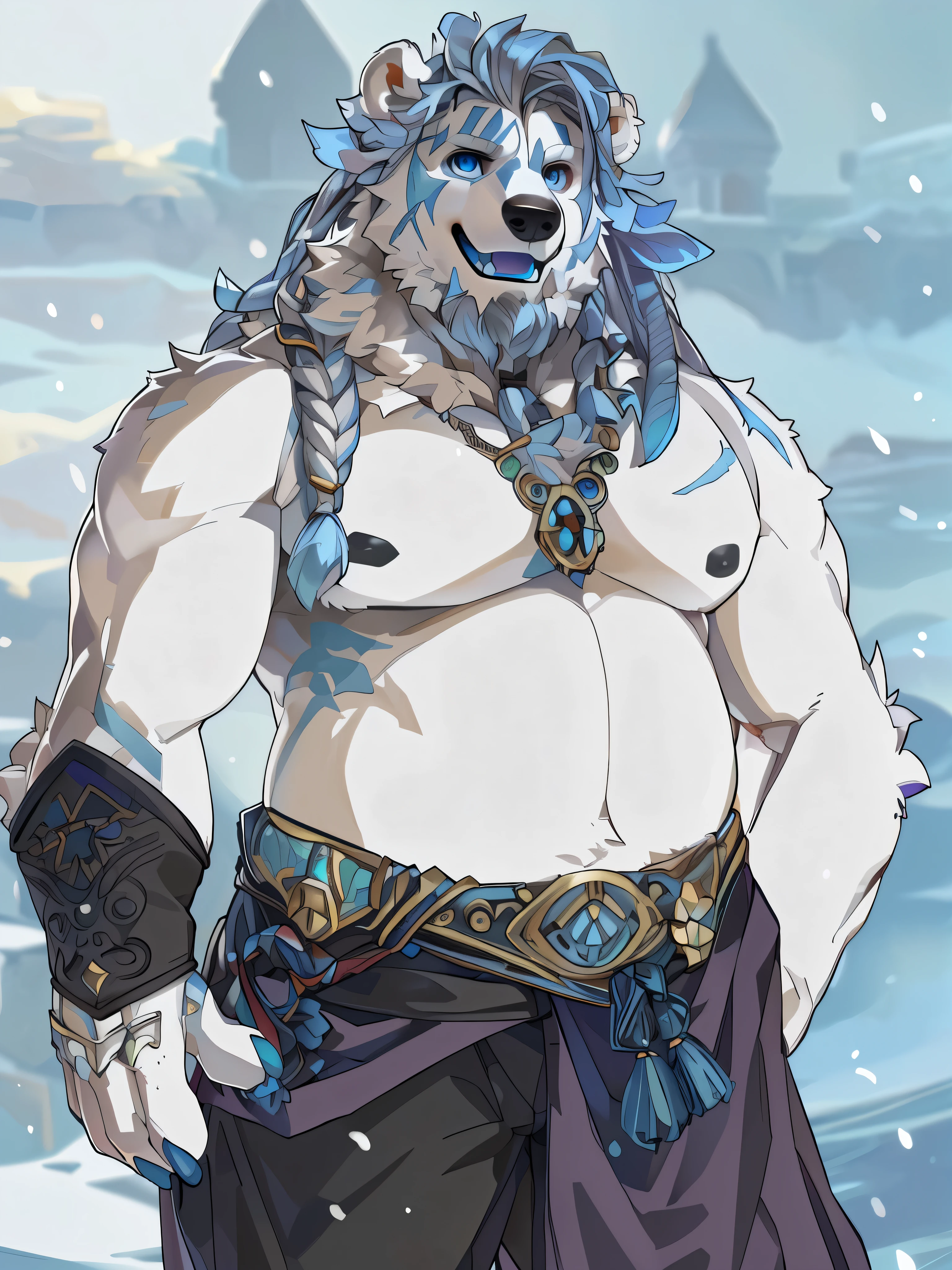 solo,anthro,furry,furry male, Polar bear, ((fluffy fur,fluffy,furry body)), (blue fur, Polar bear), (white body), eye line, chubby, big muscles Braided beard, sky blue eyes, decorative coat, tail, long hair, regal hair, braids, detailed fluffy fur, white chest, white belly, detailed face, detailed eyes, decorative uniform, gold accessory, braided hair, slack pants, sleeveless, detailed chest, detailed belly, black slack pants, decorative coat, blue coat, gold trimmings, nubby tail, bear tail, full body, claws, fantasy grand monastery, (by null-ghost,by raccoon21, masterpiece, high quality,hi-res,8k had), standing pose,close-view portrait, looking at viewer, indoor, lights, happy expression, calm, happy, smile, open mouth, blue tongue, (blue scar), dark shadows, young, hands in pockets,