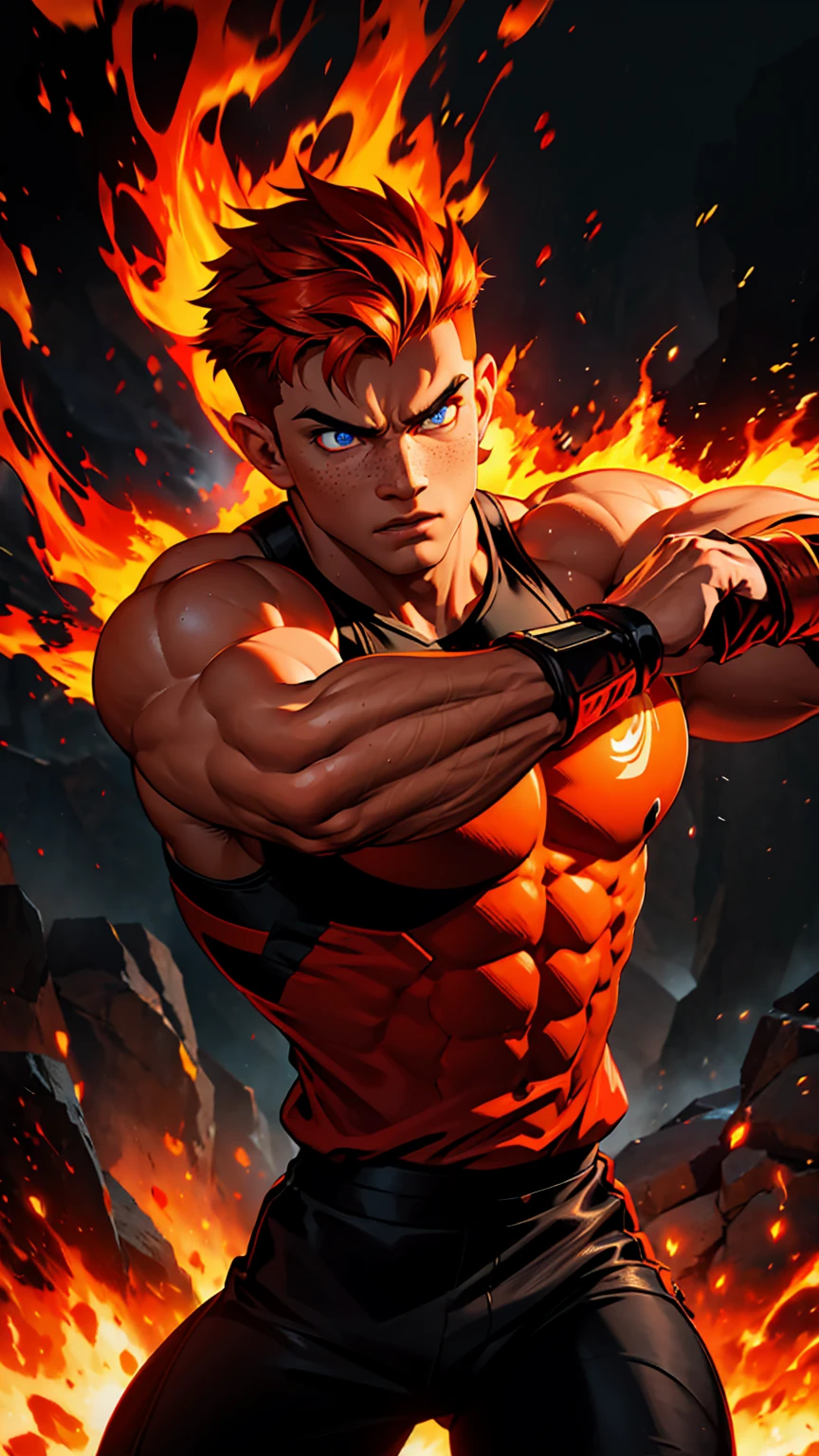 
A strong, muscular man with short orange undercut hair, freckles, and wearing red and black clothes, incredibly handsome, with a very perfect body. He is extremely muscular and engaged in combat, using fire magic. Consumed by fire, he commands flames that take over the entire image. The background is ablaze, with fire everywhere. He manipulates the fire with powerful gestures, his eyes glowing with fiery intensity, showcasing his fire power. Rendered in a photorealistic, hyper-realistic, 8k, studio lighting style, with a dynamic and aggressive combat pose. The image is powerful, dramatic, and cinematic, featuring intense colors, vibrant HDR, and chiaroscuro lighting.