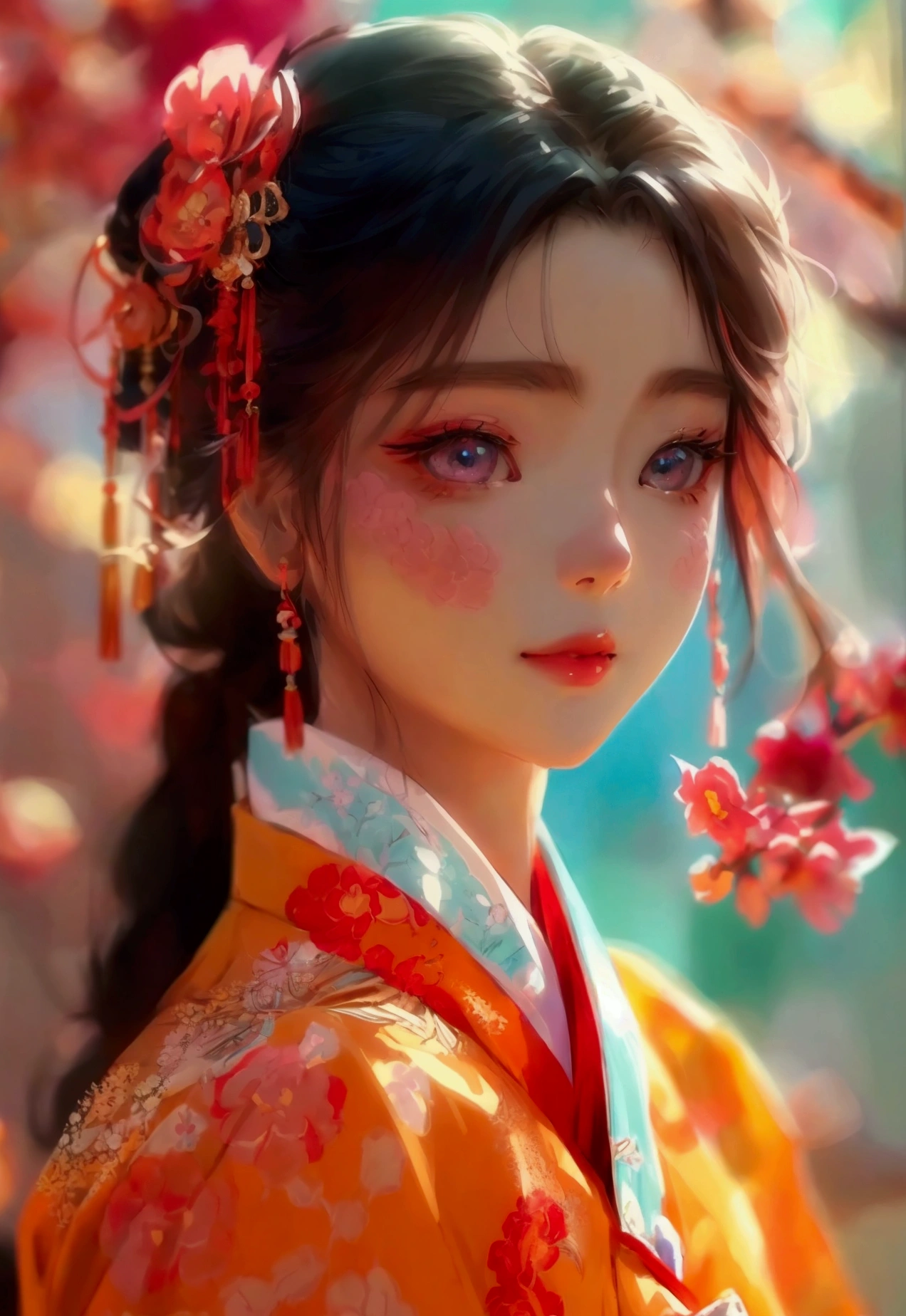 a beautiful young Korean anime girl, detailed beautiful eyes, detailed beautiful lips, extremely detailed face, longeyelashes, smiling sweetly, wearing traditional Korean hanbok, ornate traditional Korean clothing, intricate detailed patterns, beautiful floral decorations, soft warm lighting, vibrant colors, cinematic composition, photorealistic, 8k, best quality, masterpiece