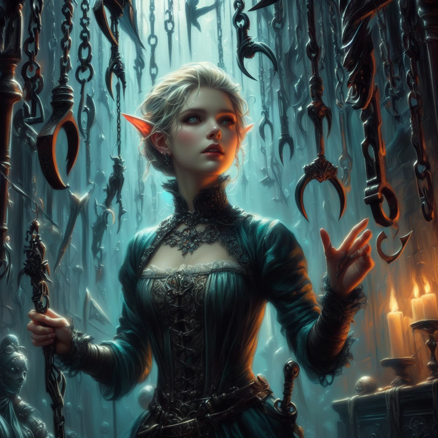 a close up of a woman in a dress in a room of chains and sharp hooks, (fearful expression, scared), artgerm julie bell beeple, 4k fantasy art, tyler edlin fantasy art, epic fantasy art portrait, detailed fantasy art, dark fantasy style art, cushart krenz key art feminine, gothic fantasy art, dungeons and dragons fantasy art, fantasy genre portrait, magali villeneuve'