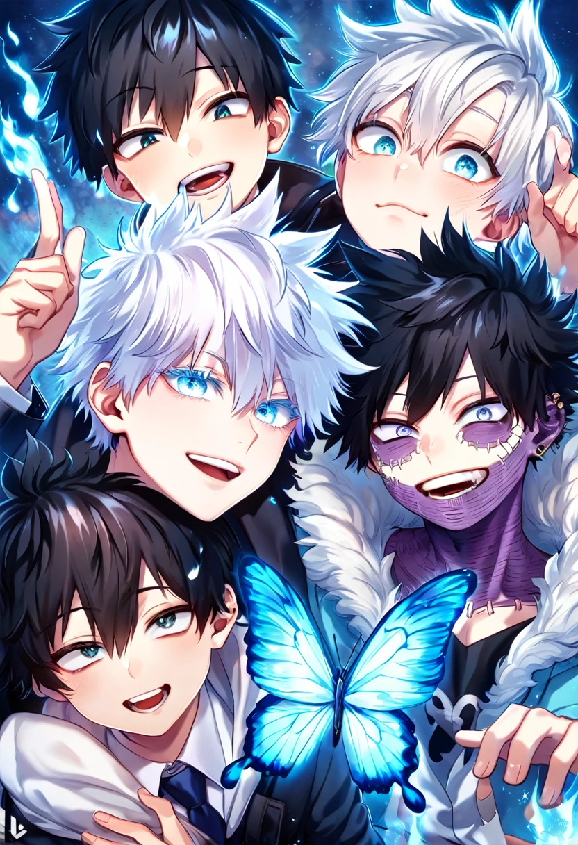 absurdres, highres, ultra detailed, HDR, master piece, best quality, extremely detailed face, delicated features, Dabi as a kid, black hair, expressive turquoise eyes, Boku No Hero Academia, Gojou Satoru as a kid, white hair, expressive blue eyes, white eyelashes, two kids together, yaoi, gay couple, small, cute, smiling, black coat, light-blue coat with fur, fantasy, magical, blue fire butterflies, fire flowers, blue fire, blue flames, blue fire in the background 