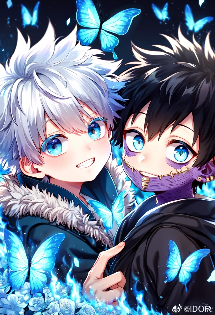 absurdres, highres, ultra detailed, HDR, master piece, best quality, extremely detailed face, delicated features, Dabi as a , black hair, expressive turquoise eyes, Boku No Hero Academia, Gojou Satoru as a kidhite hair, expressive blue eyes, white eyelashes, two kids ther, yaoi, gay couple, small, cute, smiling, black coat, light-blue coat with fur, fantasy, magical, blue fire butterflies, fire flowers, blue fire, blue flames, blue fire in the background 