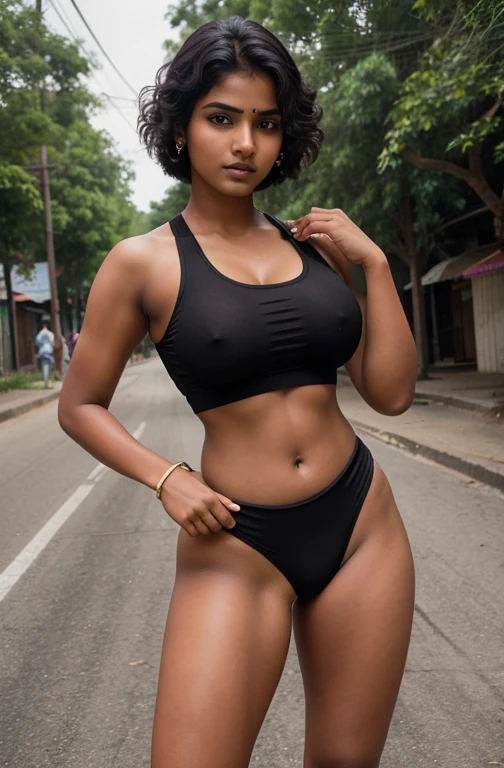 18 years old indian girl model, , short hair, revealing black wrestling clothes, athletic body, huge breasts, photography by arny freytag, Indian village street, full body shot, detailed face, make up, posing for camera, nsfw