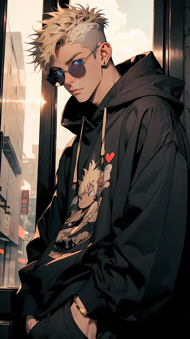 highest quality, 8K, high resolution image, anime style Jujutsu Kaisen, detailed strokes, dark skin, bored look, blurry, purple light reflecting from it, (close angle), 1 man, male, model, cool guy, athletic type, multicolored background with different geometric shapes, around stickers, muscular, light blonde hair, blue eyes, short hair, light blonde spiky hair, puffy chest. He is wearing a gray hoodie with a hoodie on his head and black sweatpants, and gold link chain, sunglasses, sweatpants, shaved body, gold link chain, background: Big city, internet coffee, he is waiting for someone, standing at the entrance, big window,