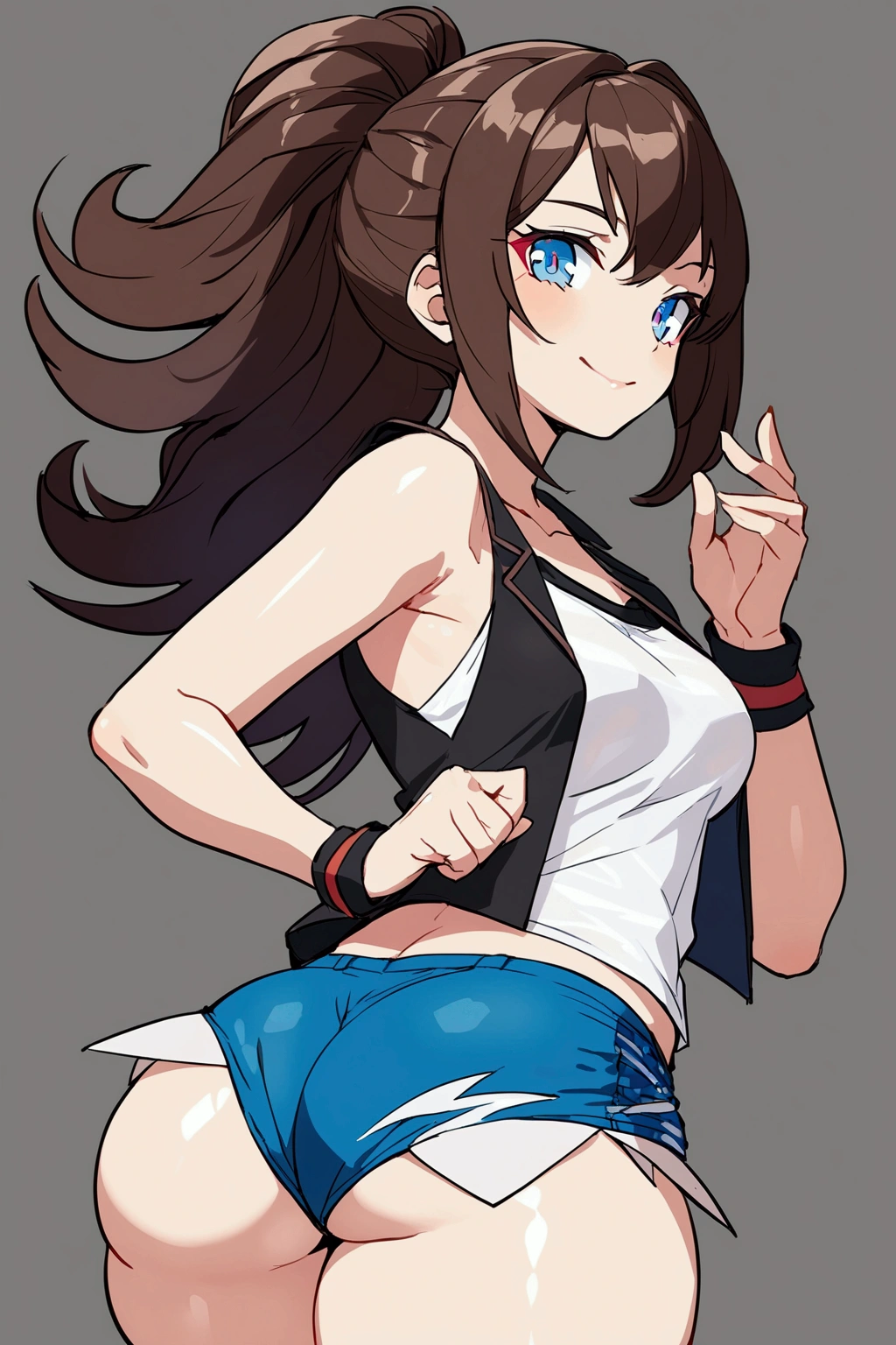 very detailed photo of a girl with brown hair, medium ass and thick thighs wearing shorts with a white t-shirt and a black vest