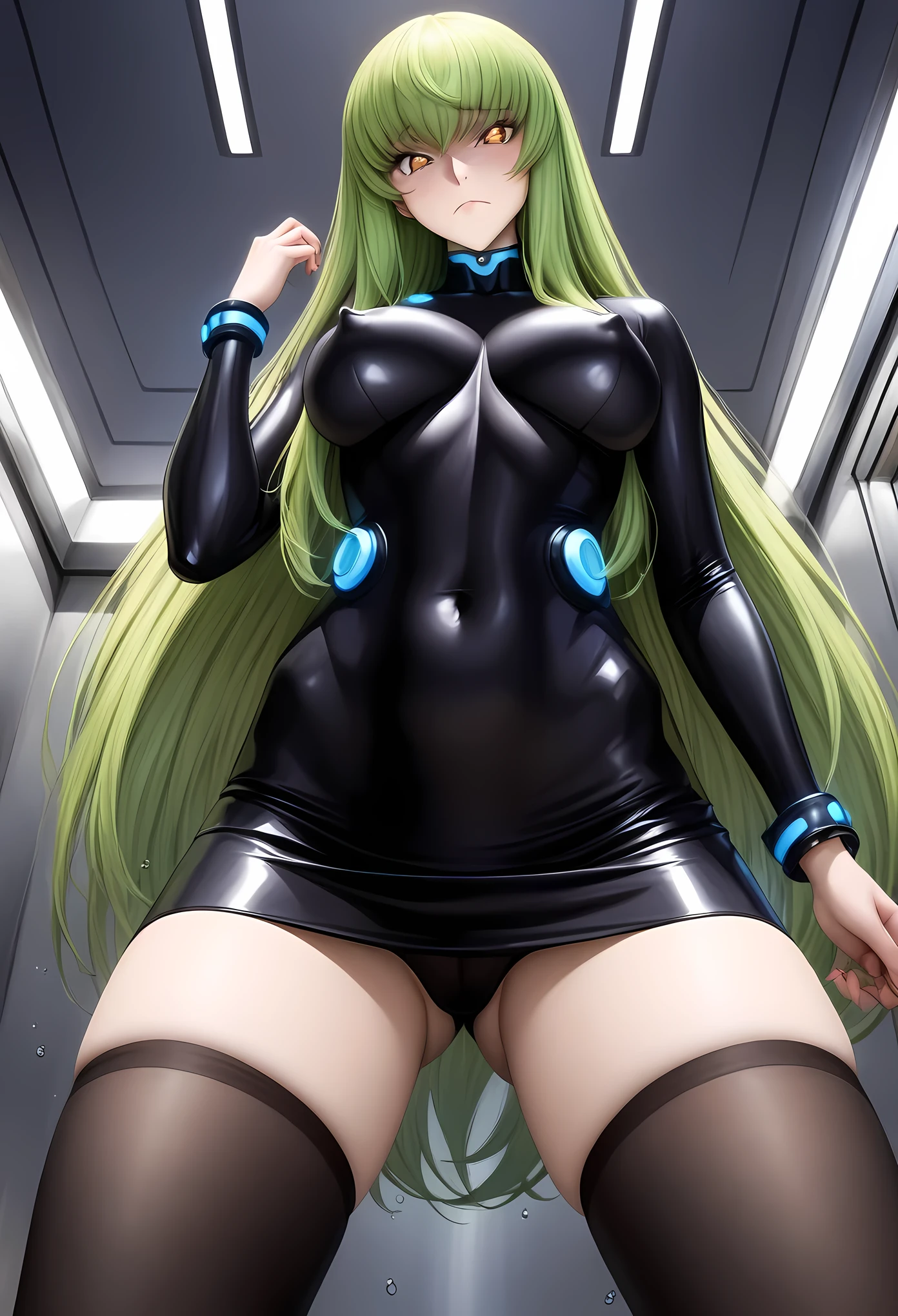 animetoreal, masterpiece, best quality, very aesthetic, absurdres, 1girl, mature_lady, gantz_suit, black_bodysuit, bracelet, covered_navel, thighhighs_over_bodysuit, lights, covered_nipple,,c.c(code_geass), 1girl, crossed_bangs, eyes_visible_through_hair, green_hair, medium_breasts, straight_hair, very_long_hair, yellow_eyes,,in a lift, in a elevator,floating droplets of water,from below, contempt, disgust,looking at viewer,frown,shaded face,