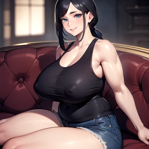 1girl, solo, mature female, milf, motherly, huge breasts, wide hips, curvy, muscular, straight hair, long hair, double-parted bangs, high ponytail, black hair, blue eyes, white tank top, blue shorts, looking at viewer, sitting, sofa, indoors, seductive smile