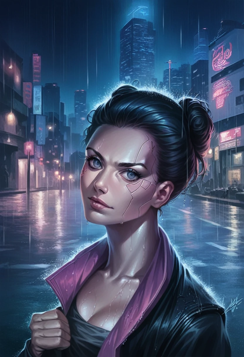 8k, RAW Photos, Highest quality, masterpiece:1.2),(Realistic, photo-Realistic:1.37),Tokyo Street,night, rain, Wet,Cityscape,night, Cyberpunk City,Soft Light,One girl,, Very beautiful face,bust,Put your hands down,Random Hairstyles,Random hair color,Random representation,Pigsney