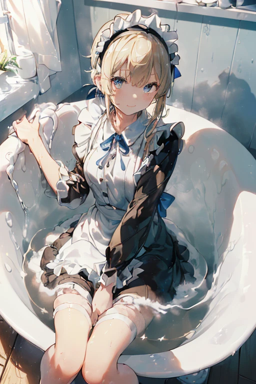 (Ultra high quality:1.6), (Highest quality:1.4), (Attention to detail:1.4), (Ultra-high resolution:1.6), (Detailed face:1.4), (Perfect Face:1,4), (Beautiful Eyes:1,6), (Detailed eyes:1.6), (Maid clothes, White apron, Headband, Black Dress, Blue ribbon, Maid clothes, Classic, Long:1.4), (白と黒のMaid clothes:1.6), (Blonde, Blue Eyes, Cat ear:1.4), cute, The best smile, Soaking wet, (Water droplets all over the body, 全身White foamまみれ:1.4), (Swimming in clothes, bathing, Bathroom, Wooden bathtub:1.4), (relax, Sit back and relax:1.6), (Bubble bath:1.4, White foam:1.4), (Soak in the bathtub fully clothed, Submersion:1.6), (つま先から胸までSubmersion:1.6), 衣服にもWhite foam, つま先から胸までSubmersion, 